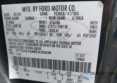 2008 Ford F250 Super Duty from USA, damaged, VIN 1FTSX21548EA30238